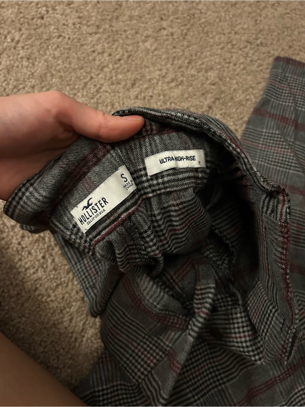 Hollister Plaid Ultra High-Rise Pants in Gray and Burgundy